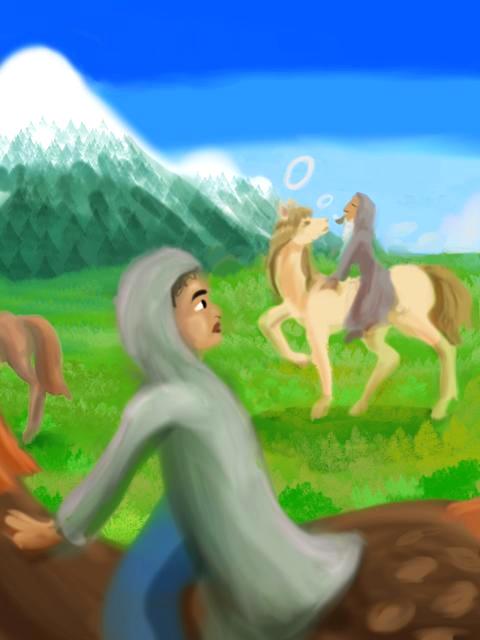 Pippin on horseback stares at Gandalf. Dream sketch by Wayan. Click to enlarge.