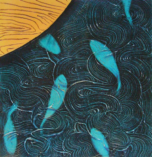 Turquoise fish swim round a living-room floor. Dream painting by Larry Vigon.