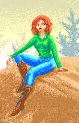 Cowgirl, a redhead in green shirt, blue jeans, leather boots, sitting on a sandy ledge.