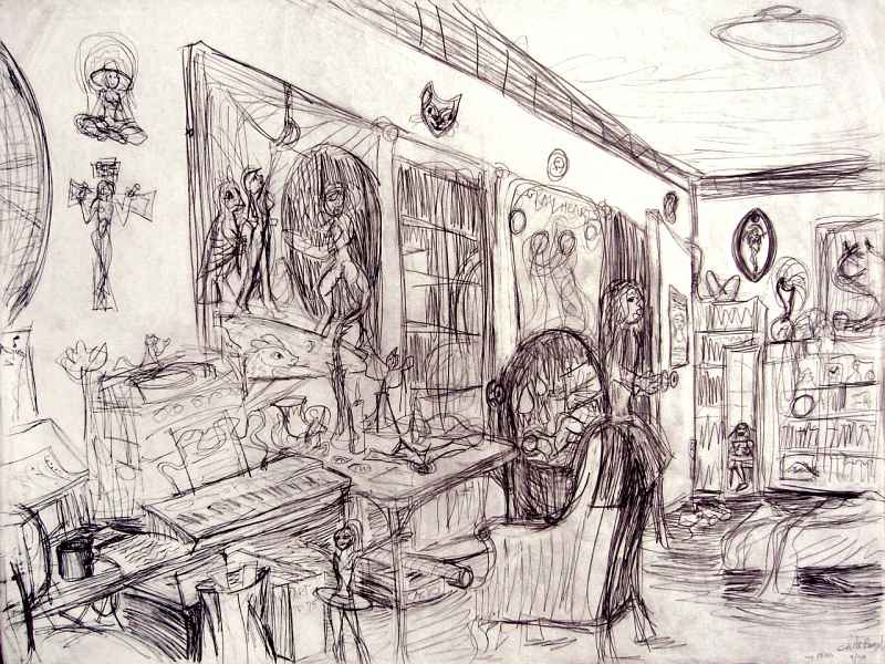 Line drawing of Wayan's studio: workstations. Click to enlarge.