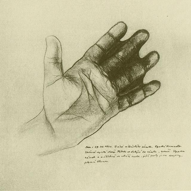 Hand with webbed fingers. Sketch of a dream by Jindrich Styrsky. Click to enlarge.