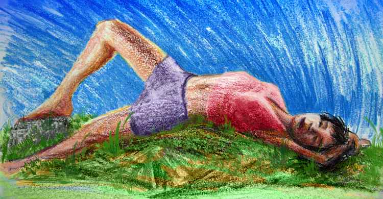Crayon drawing of woman in red top and dark purple skirt sprawling on her back with one knee up, on a grassy mound. Click to enlarge.