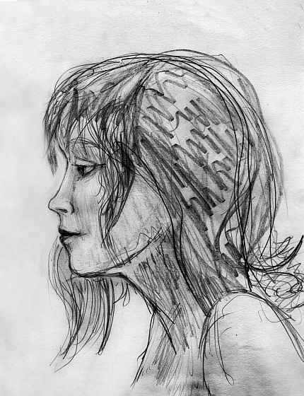 Pencil drawing: profile of a longhaired girl with sad eyes.