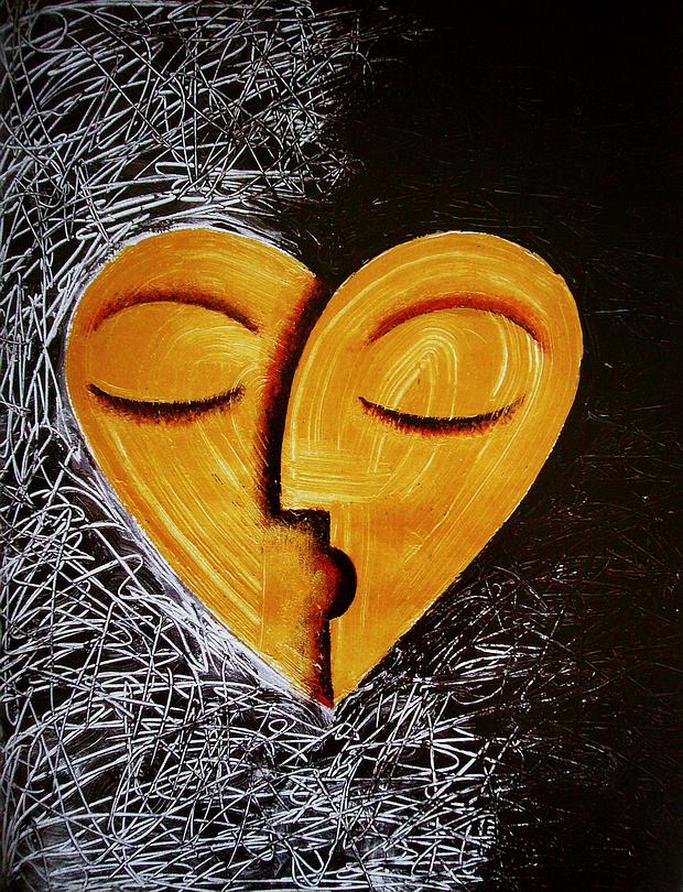 Gold heart-shape made of two stylized faces overlapping. Dream painting by Larry Vigon.