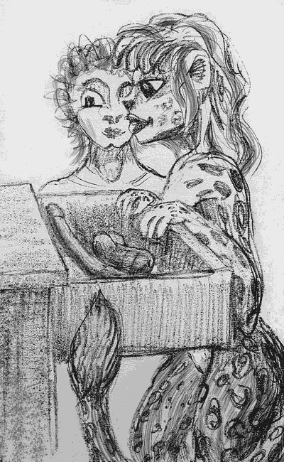 Catgirl Ailura peers in a drawer at living, detached erections. Dream sketch by Wayan. Click to enlarge.