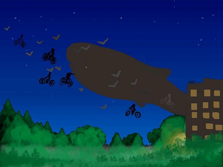 Bikers, gulls and a whale fly together at night. Dream sketch by Wayan. Click to enlarge.