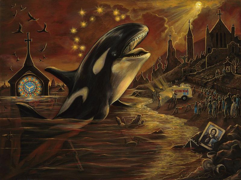 'Whale Speaks', a painting of a dream by Brenda Ferrimani. An orca swims ashore to revitalize human spirituality; Christianity resists. Click to enlarge.