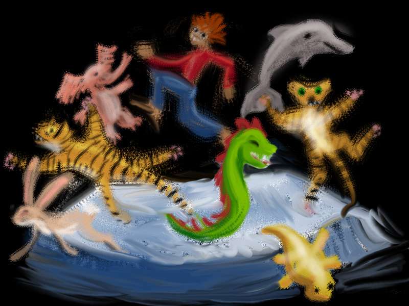Digital sketch of a dream by Chris Wayan: dancing with stuffed toys on the Dark Wizard's bed