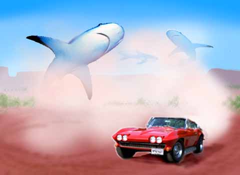 Dream: air-sharks circle a red car.