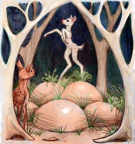 Color pencil sketch of a dream by Wayan, 'The White Deer's Experiment': in deer form, I stare longingly at my creator, a white doe rearing on rocks in a forest. Click to enlarge.