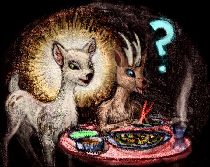 Pencil sketch of a dream by Wayan, 'The White Deer's Experiment: my Creator, a white doe, treats me, a buck made in Her image, to a mystery dish in a Cantonese restaurant. But can deer eat it? Click to enlarge.