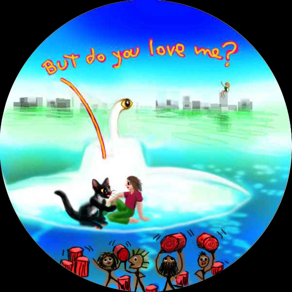 round cartoon of man and black cat in a white submarine, flooded city in background. On the sea floor, cartoon people lift red drums. The cat says 'But do you love me?'