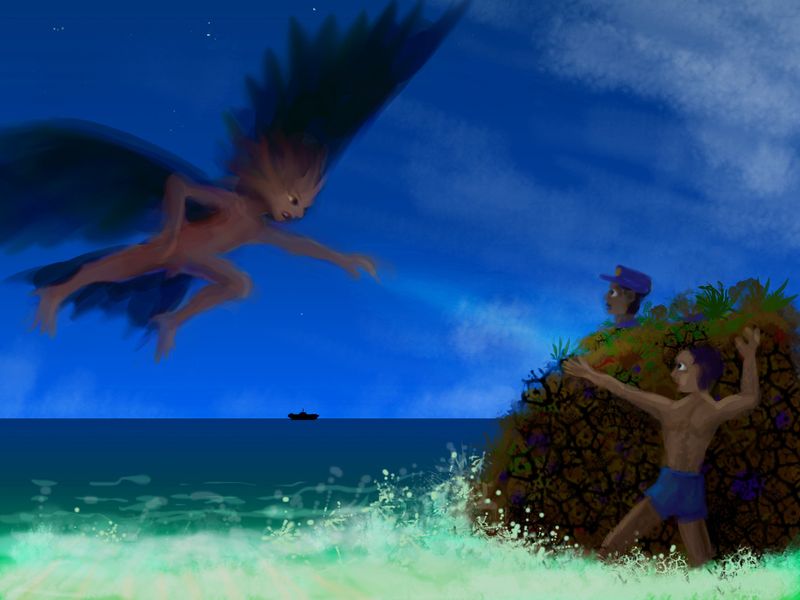 Winged man zaps cops and gang boys on sea-rocks. Dream sketch by Wayan. Click to enlarge.