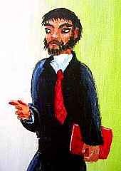 Painting of angry bearded man in navy suit, red tie, holding a book, pointing finger; click to enlarge.