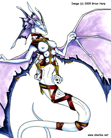 Colored ink drawing of a snake girl with six breasts, violet wings and head-crest, and a small pair of arms with clawed hands