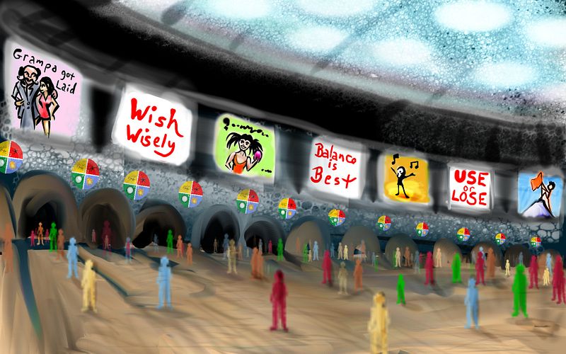 A transit station on an alternate Earth with posters promoting wishes. Dream sketch by Wayan. Click to enlarge.