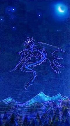 A dragon in flight, in blue dusk; stars coming out. Sketch by Wayan of a dream by Joan Woehler LaSalle. Click to enlarge.