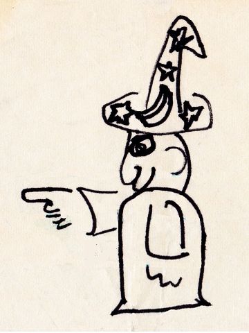 Cartoon of a wizard pointing; dream sketch by Wayan.