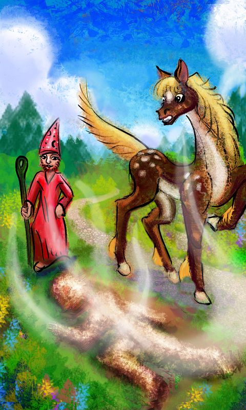 I'm a wizard's horse trying to warn him of a curse on a dead body by the roadside. Dream sketch by Wayan. Click to enlarge.