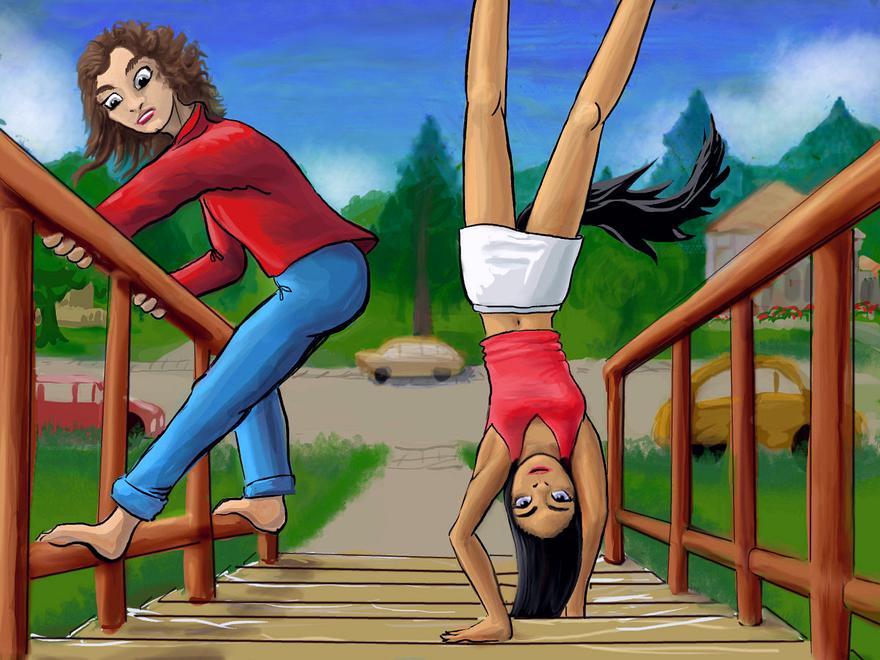 Climb steps without treading on them--a girl walks on hands, a guy clings to railing. Dream sketch by Wayan. Click to enlarge.