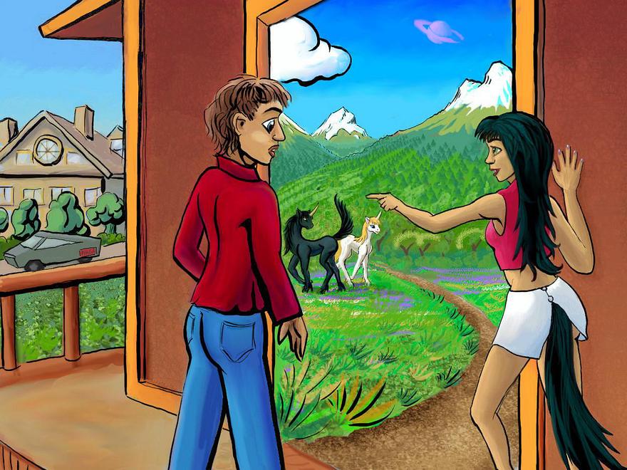 A couple look through a portal into a magic world. Dream sketch by Wayan. Click to enlarge.