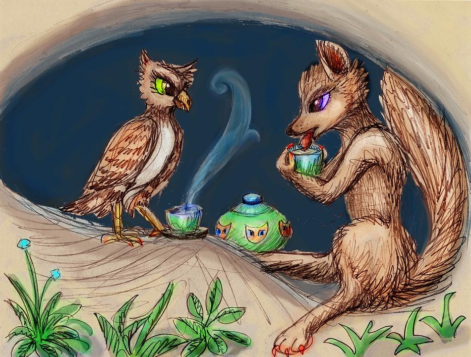 Female burrowing owl and wolf drink tea. Dream sketch by Wayan. Click to enlarge.
