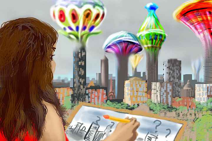 Sketch of a dream of a girl who draws a cityscape: towers rising into fog