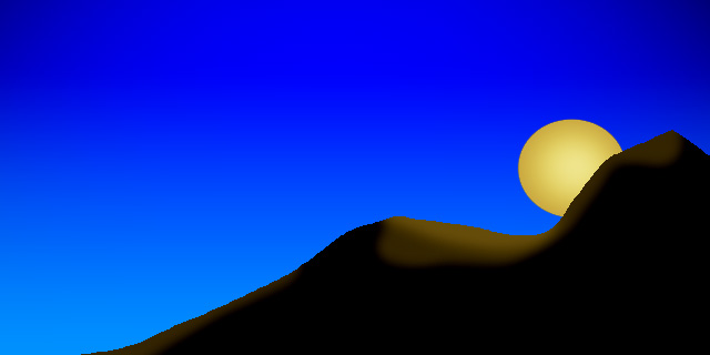 A full moon rises over a silhouetted peak; gold, black and midnight blue.
