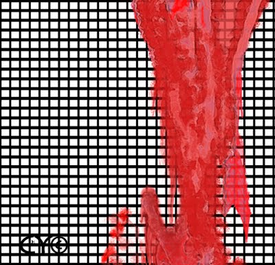 Abstract by Carla Young, from a dream: red drips down a grid of black lines on white.