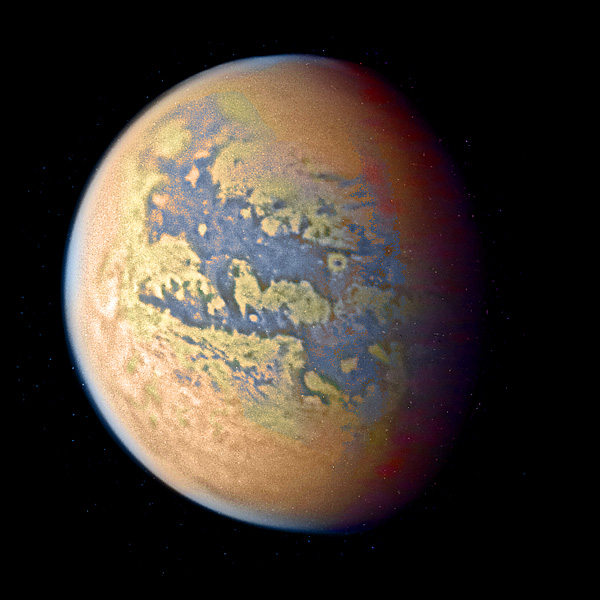 Orbital photo of Xanadu, a model of an alternate, wetter Titan.