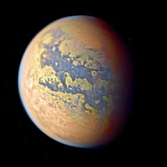 Orbital photo of Xanadu, a world model like a wetter Titan.