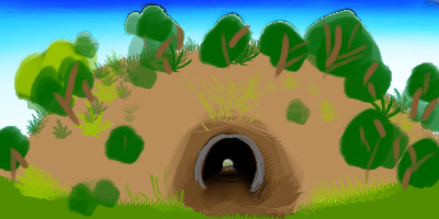 a tunnel thru a woodchip mound by a baseball field in Golden Gate Park; a dream sketch by Wayan