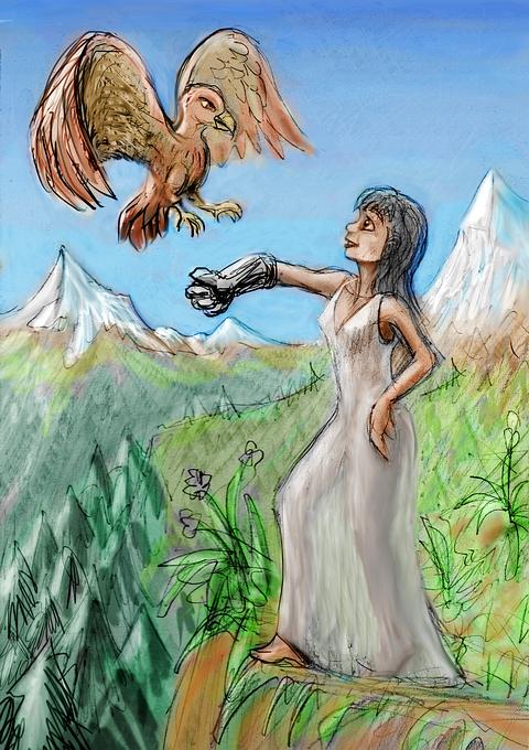 Eagle & woman with falconer's glove, in high mountains. Dream sketch by Wayan.