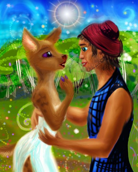 a gender-bent scene from 'A Midsummer Night's Dream'--in a meadow, an actor in a dark blue doublet gazes into the eyes of a deer-headed girl in a white gown. Dream sketch by Wayan; click to enlarge.