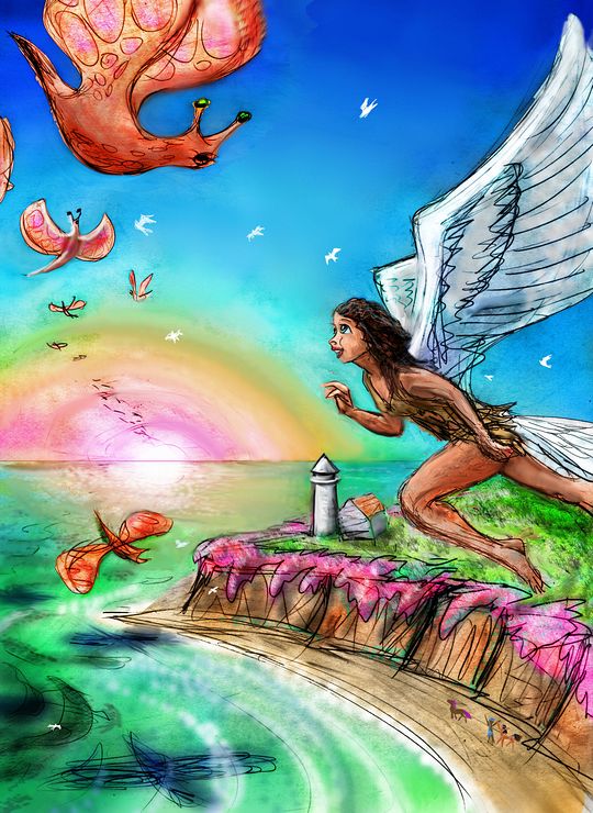 Dream: I have wings. Above a cove with a lighthouse, I meet the Dragonfly People from over the Great Sea, their wings like reddish seed pods, and faces like manta rays with stalked snail eyes. Click to enlarge.