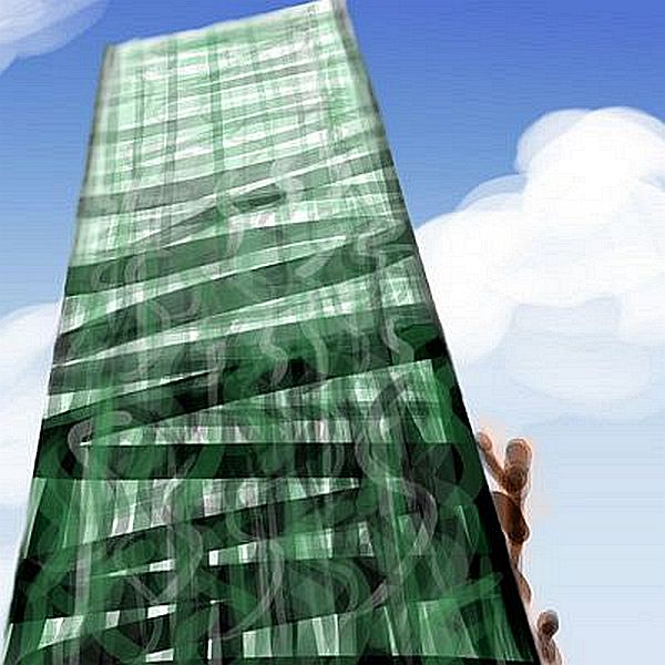 Sketch of a dream by Chris Wayan: we climb the outside of a zillionaire's skyscraper.